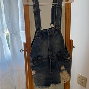 Hot Kiss Dark Blue Distressed Denim Overalls